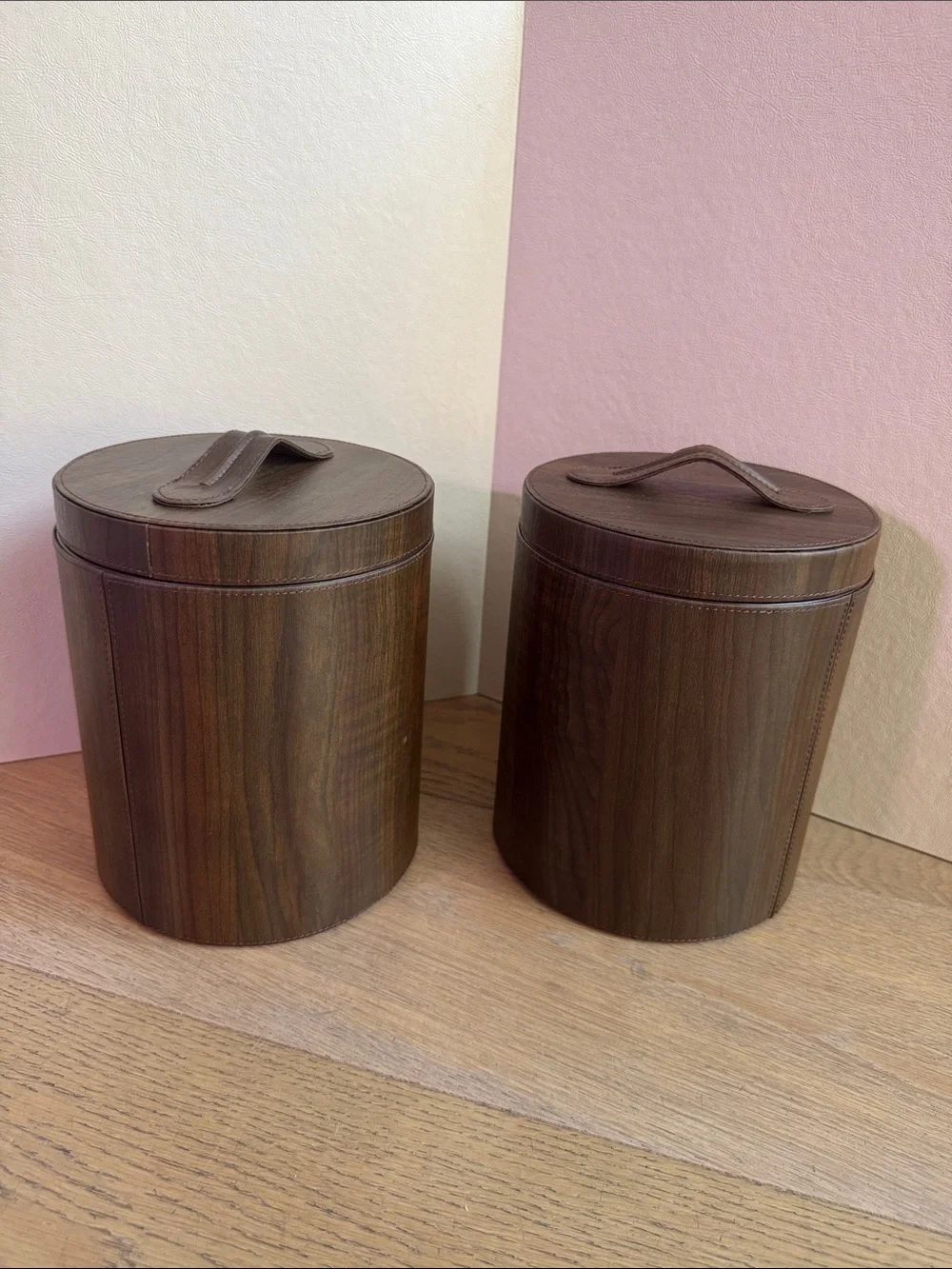 Pair of Impulse! faux leather vinyl faux wood grain insulated ice buckets